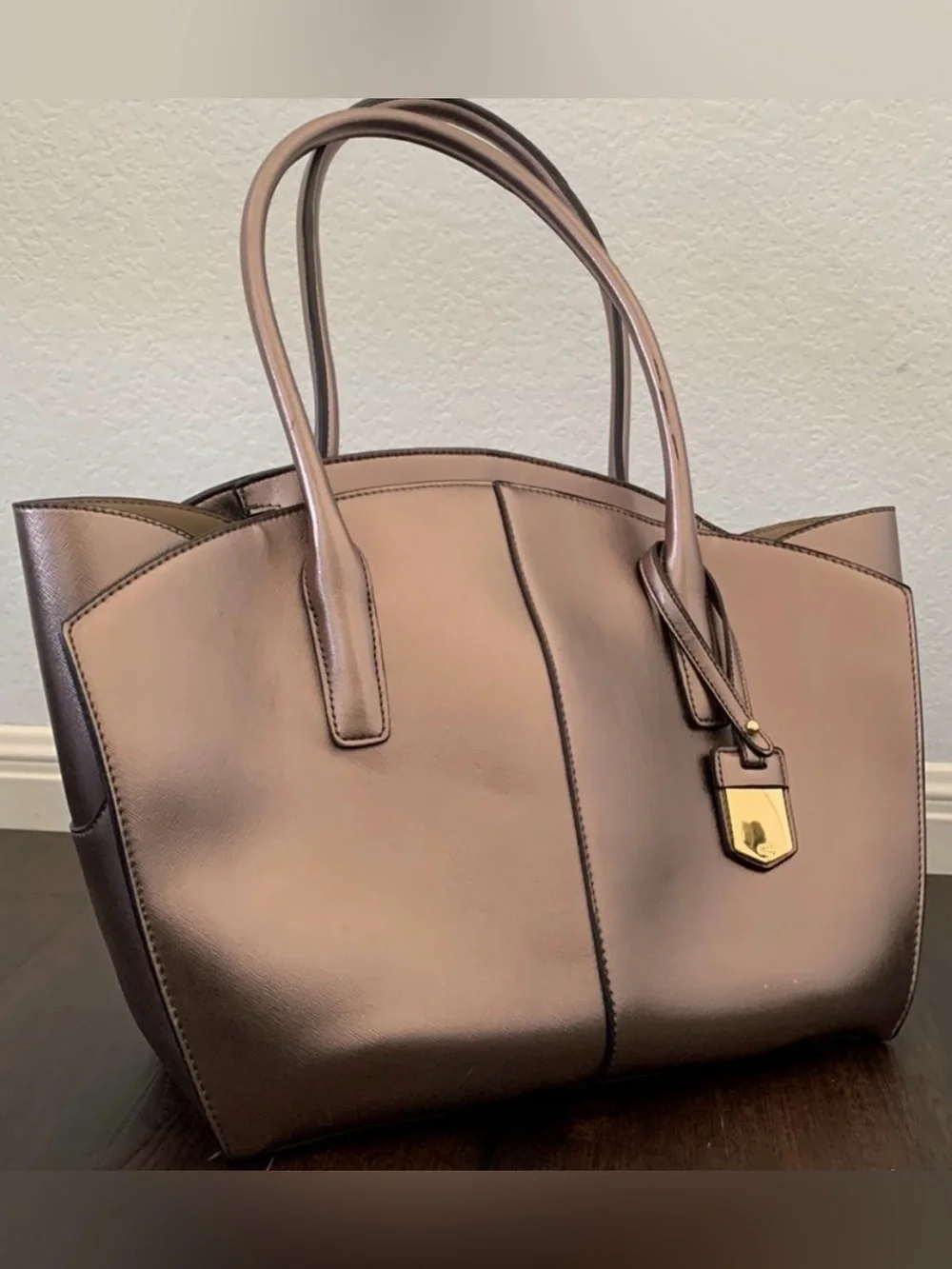 KATE LANDRY METALLIC BRONZE TOTE SATCHEL STATEMENT BAG - Picture 2 of 11